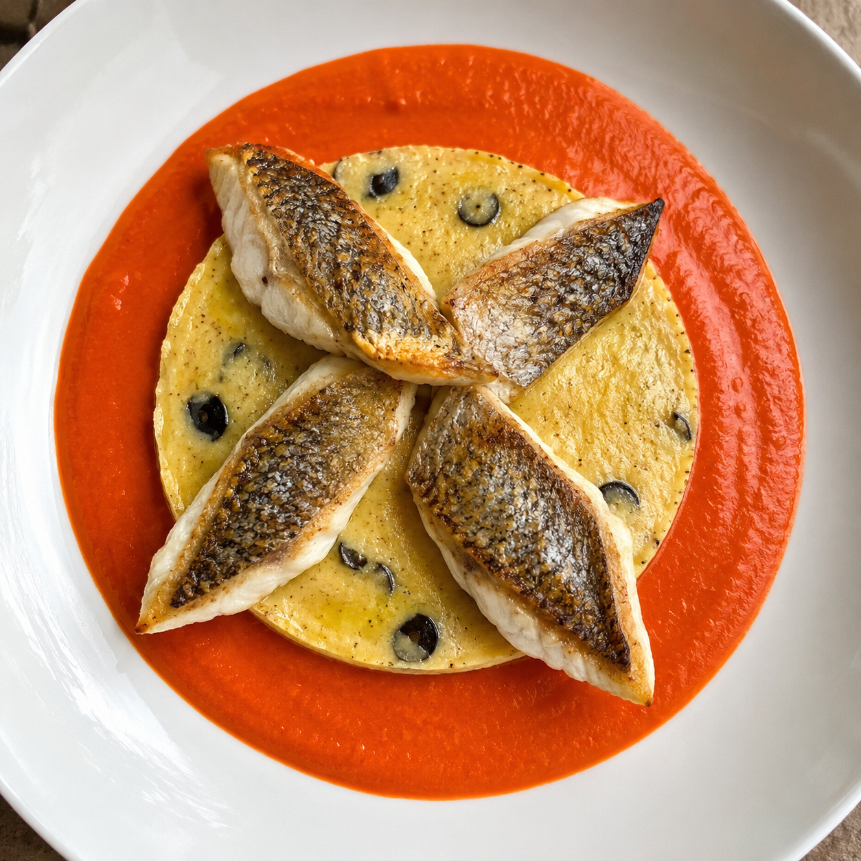 Saint-pierre grillé, polenta aux olives et crème de poivrons rouges